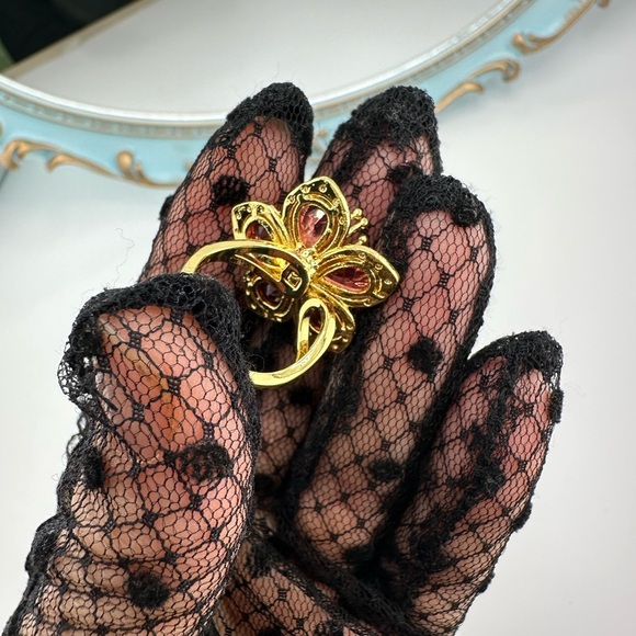 Anthropologie Blossom Gold Pink Floral Crystal Stainless Steel Adjustable Ring - Picture 12 of 17